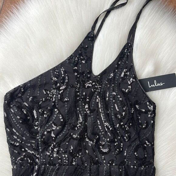 NWT Lulus Black Sequin One-Shoulder Mini Dress M Party Clubwear Stretchy - Picture 6 of 12